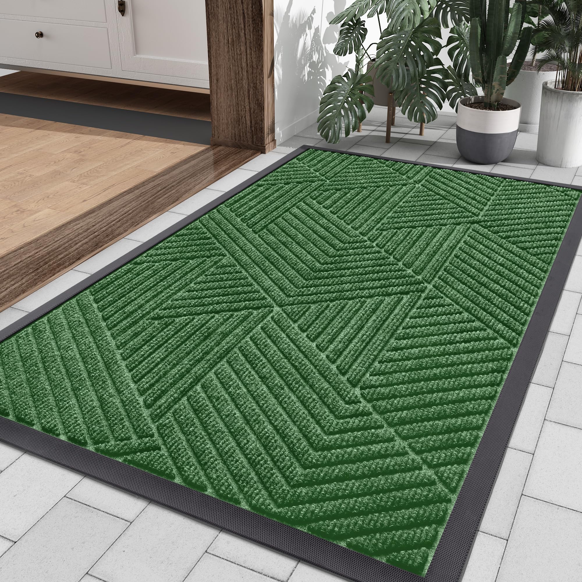 Smiry Front Door Mat Outside Entrance, Heavy Duty Natural Rubber Mat, Sturdy Trap Dirt And Moisture Indoor Outdoor Door Mat, Easy Clean Low Profile Doormat Outdoor Entrance, 36X24 Inch, Green